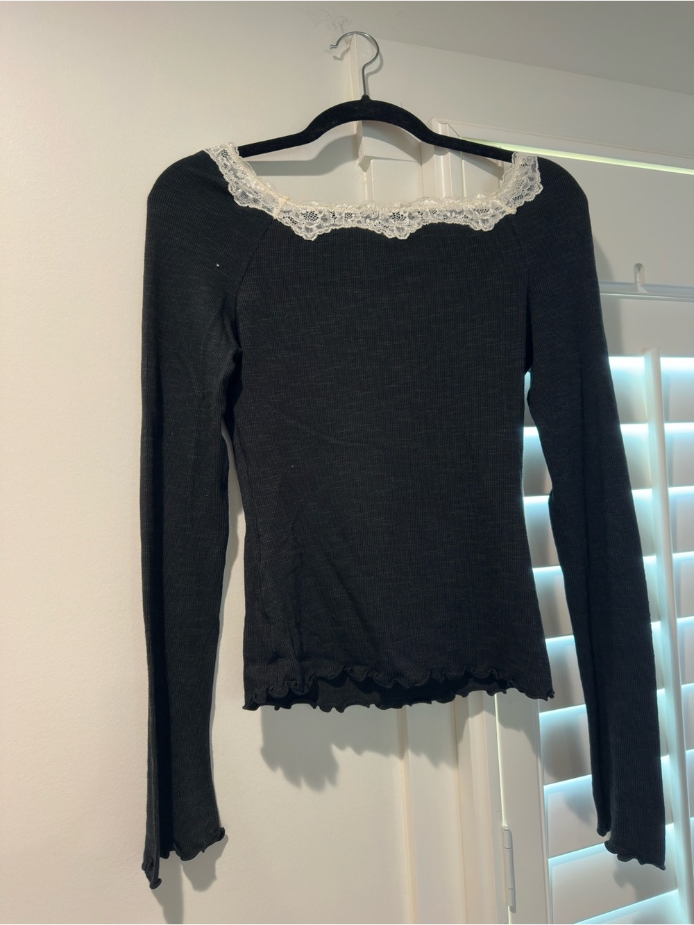 Free People Black Long Sleeve Knit Top with White Lace Neckline
